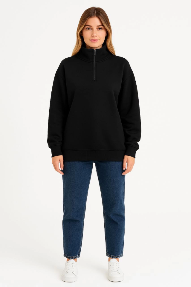 Üç İplik Dık Yaka Yarım Fermuarlı SweatShirt - Siyah