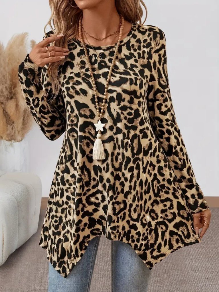 Kadın Uzun Kollu Bisiklet Yaka Leopar Desenli Süprem Bluz