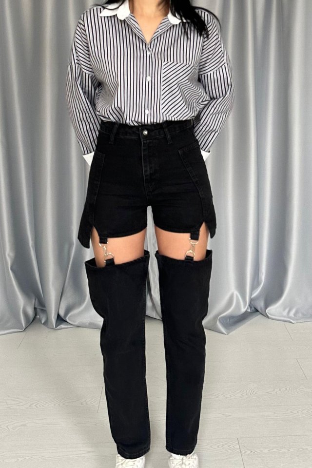 Mavi Askılı İki Parça Jeans Pantolon