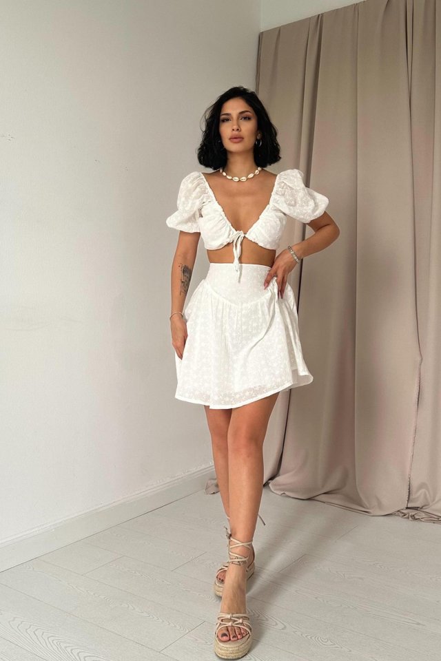 Fuşya Brode Crop Ve Mini Etek Takım