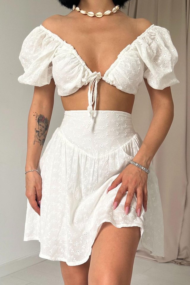 Fuşya Brode Crop Ve Mini Etek Takım