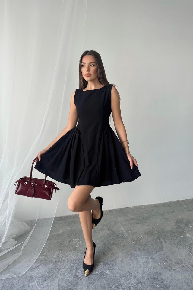 Yeşil Mini Boy Büzgülü Keten Elbise