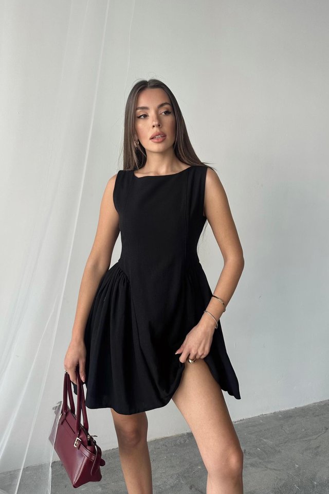 Yeşil Mini Boy Büzgülü Keten Elbise