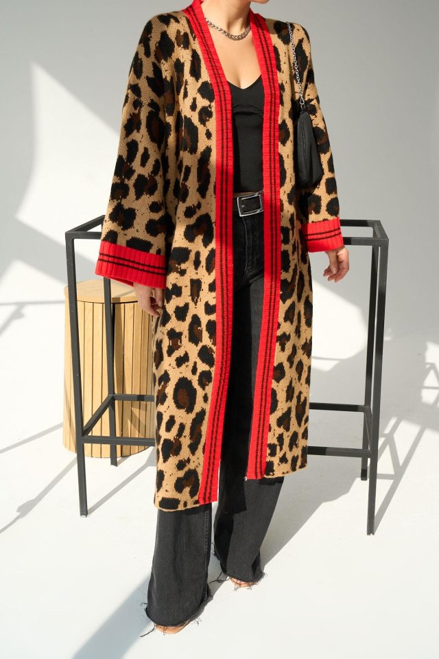 Uzun Leopar Hırka - Camel-Mavi