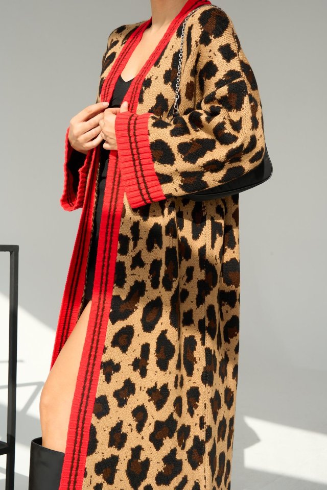 Uzun Leopar Hırka - Camel-Mavi