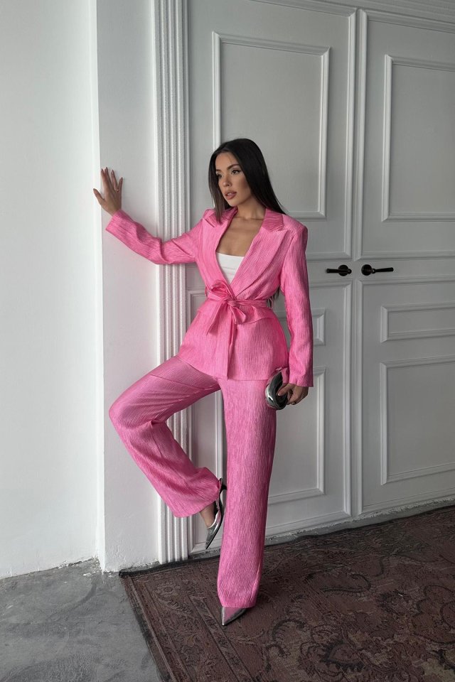 Mavi Beli Kuşaklı Ceket Ve Pantolon Parlak Takım