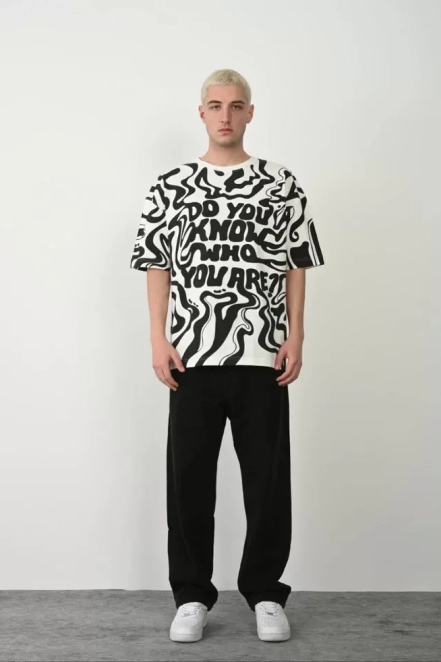 Unisex Baskılı Bisiklet Yaka Oversize T-Shirt - Beyaz